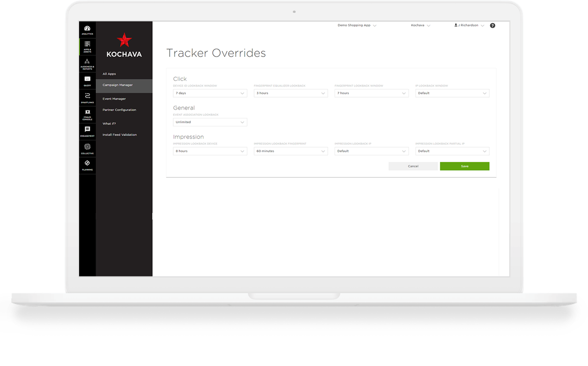 Kochava Tracker Overrides dashboard on a laptop.